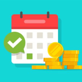 Success salary payment automatic or recurring pay schedule agenda done on calendar and checkmark, tax or credit bill time, loan date or budget income day vector flat cartoon image, money plan